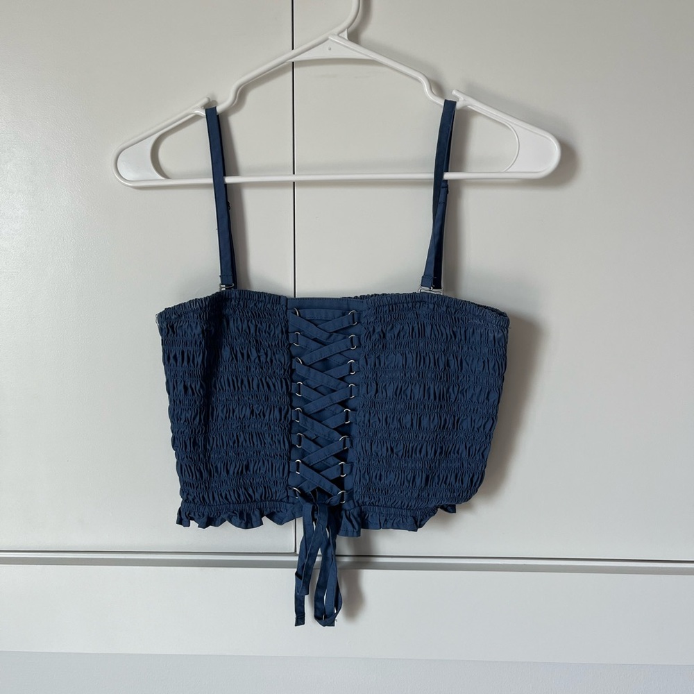 American Eagle Outfitters Navy Smocked Lace-Up Cropped Tank